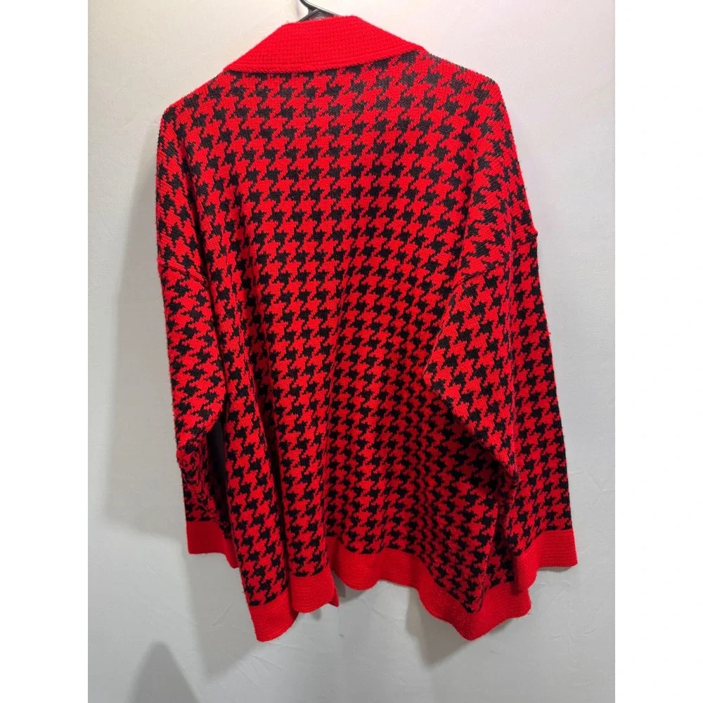 Sweater Bazaar Vintage Red‎ Black Houndstooth Cardigan Open Front USA Made 22W